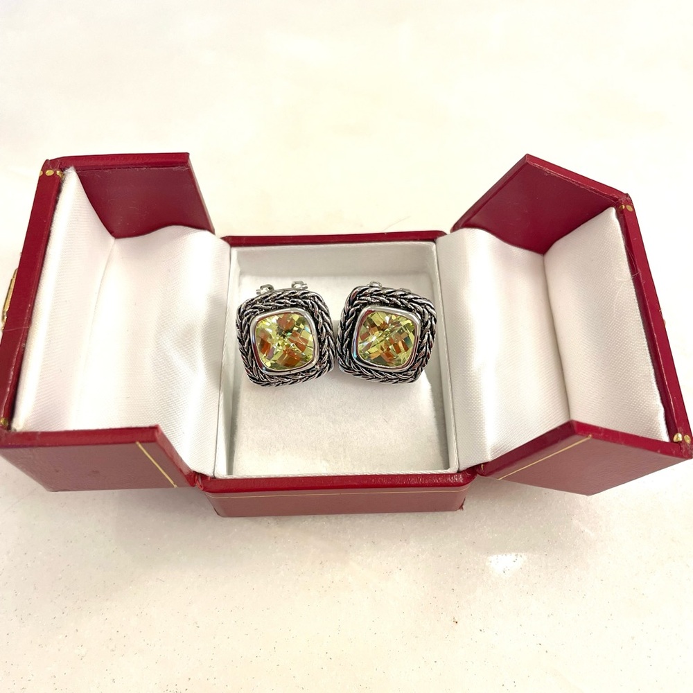 Silver Earrings with Green Gem Stone. New in Box.